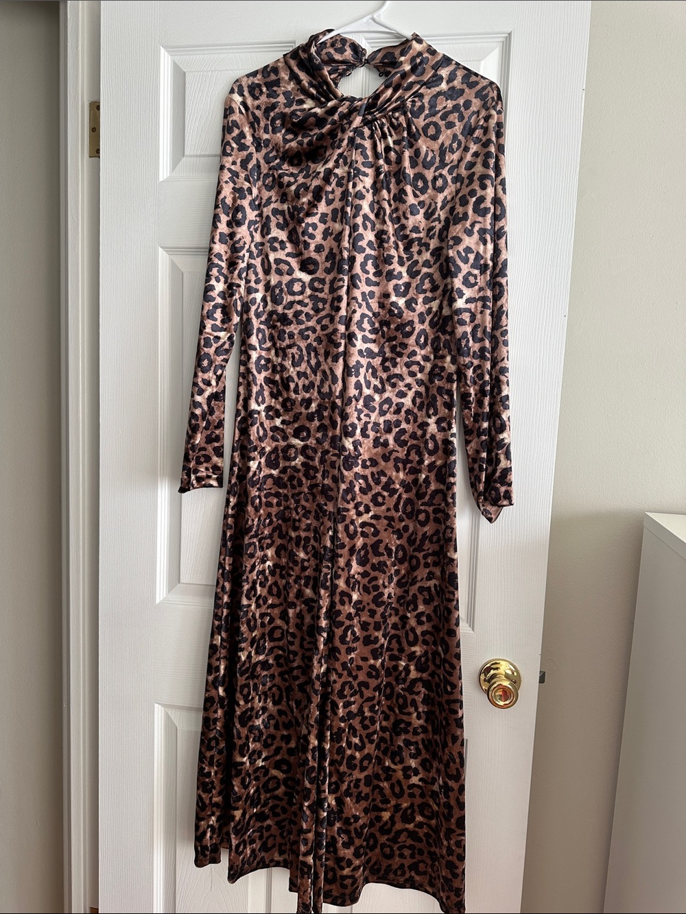 Leopard Print Satin Long Sleeve Midi Dress